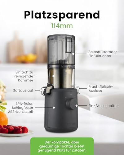 Hurom Slow Juicer | Entsafter Gemüse und Obst | H310 | Leicht zu Reinigen & Leiser Motor Elektrischer Entsafter mit Siebfilter | 150 Watt | BPA Frei | Schlankes Design | 220ml, Anthrazit
