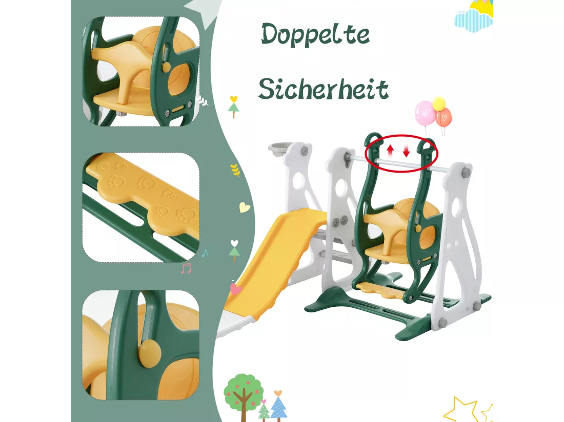 Toboggan balançoire 4 en 1 pour enfants - 113 x 100 x 94cm - en HDPE - avec escaliers et cadre de basket - vert