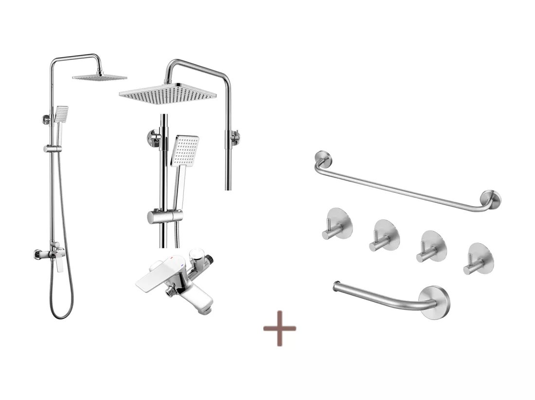 Auralum max Colonne de Douche Mécanique,Hauteur Réglable 90-1240mm Set Douche en Laiton Chromé+Ensemble Salle Bain Accessoire 6 Pièces,Inox,Brossé