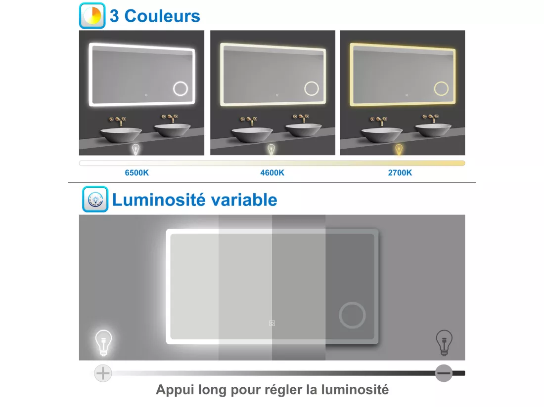 AICA LED Miroir lumineux loupe + tricolore + 3 couleurs + dimmable + anti-buée 80x60cm salle de bain mémoire,tactile