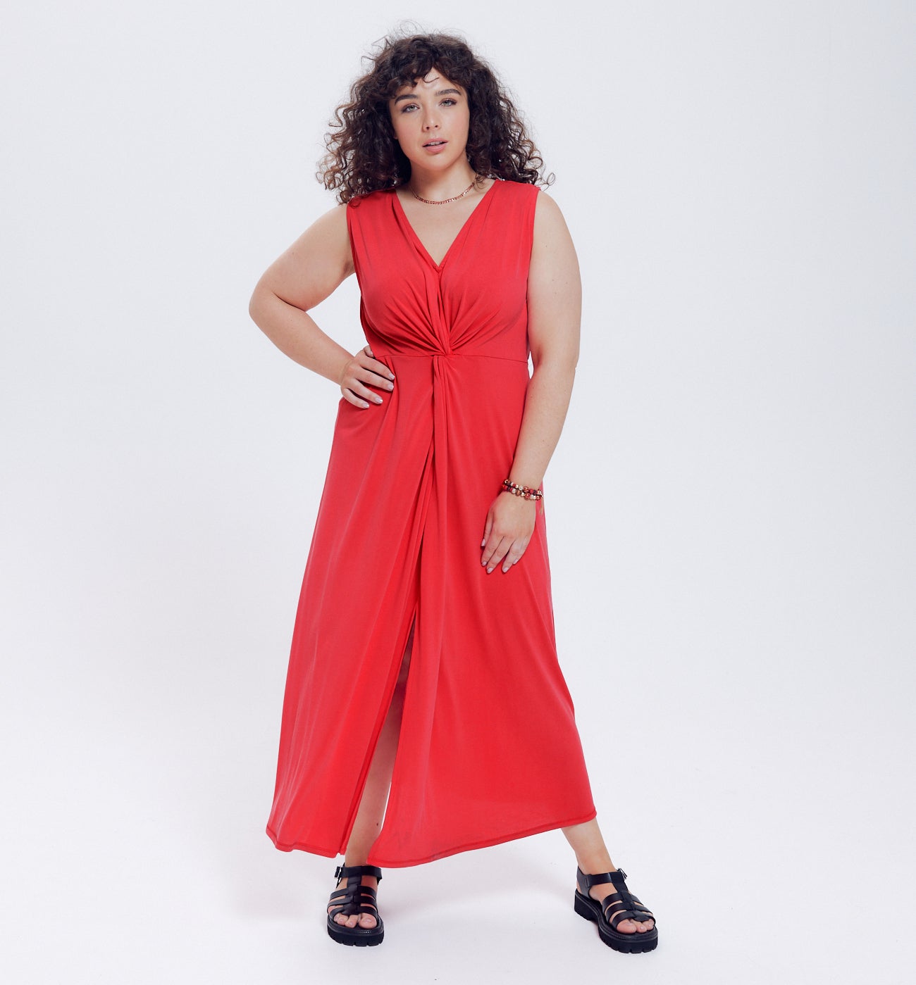 Longue robe unie en jersey - Groseille