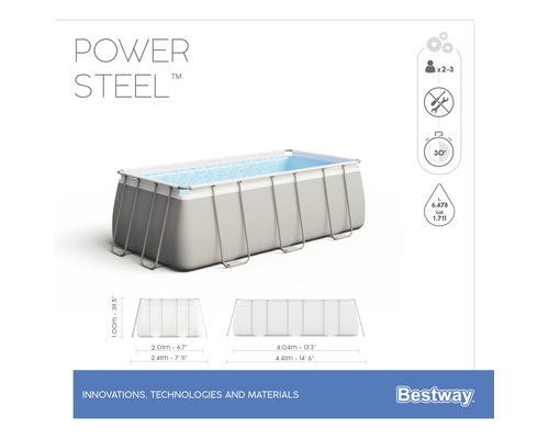 Bovengrondse frame zwembadset Bestway Power Steel™ rechthoekig 404 x 201 x 100 cm incl. zandfiltersysteem & ladder grijs