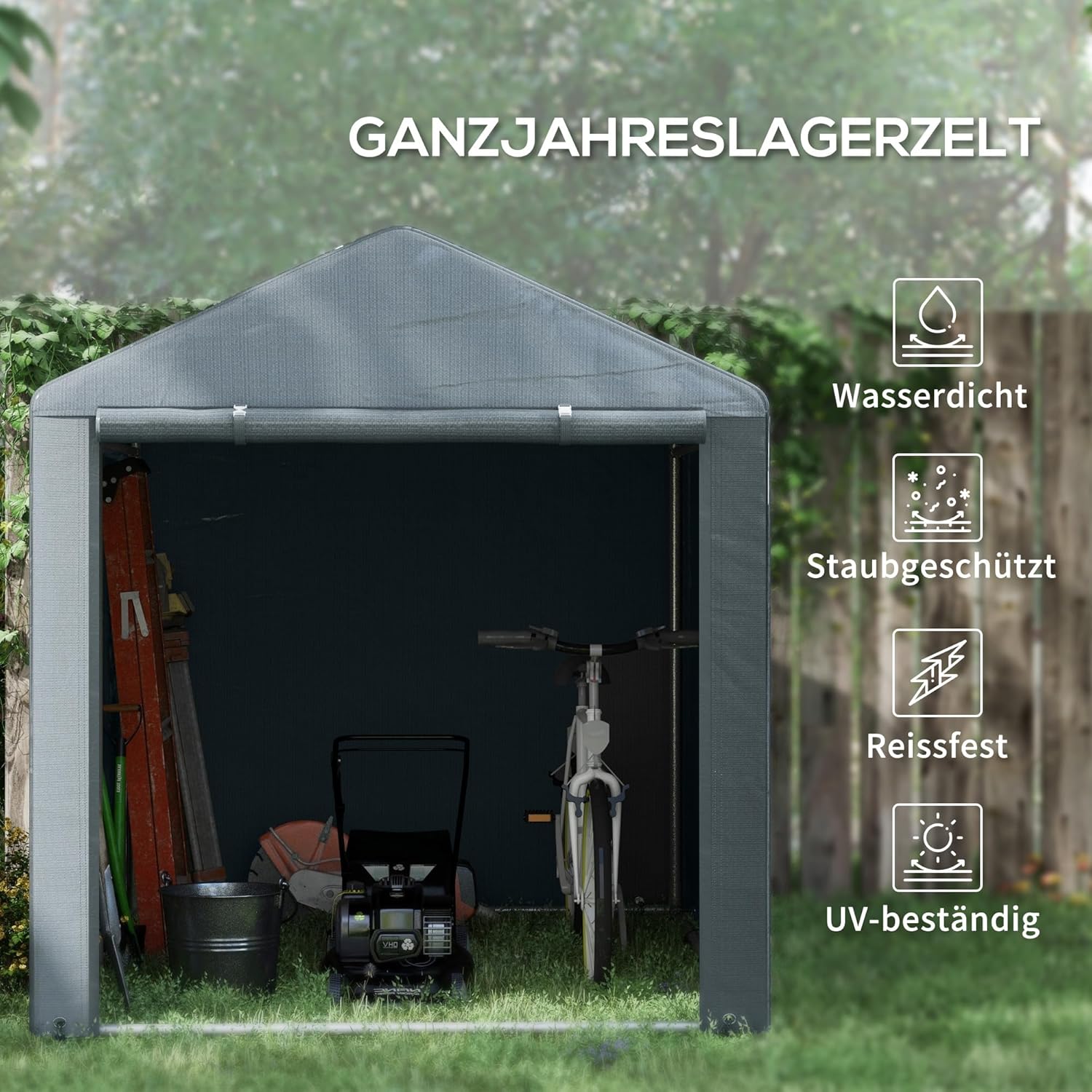 Outsunny Garagenzelt, 1,6 x 2,18 x 1,72 m Lagerzelt mit UV-Schutz, Reißverschlusstür, Wasserabweisend Foliengarage für Gartengeräte, Motorrad, Dunkelgrau