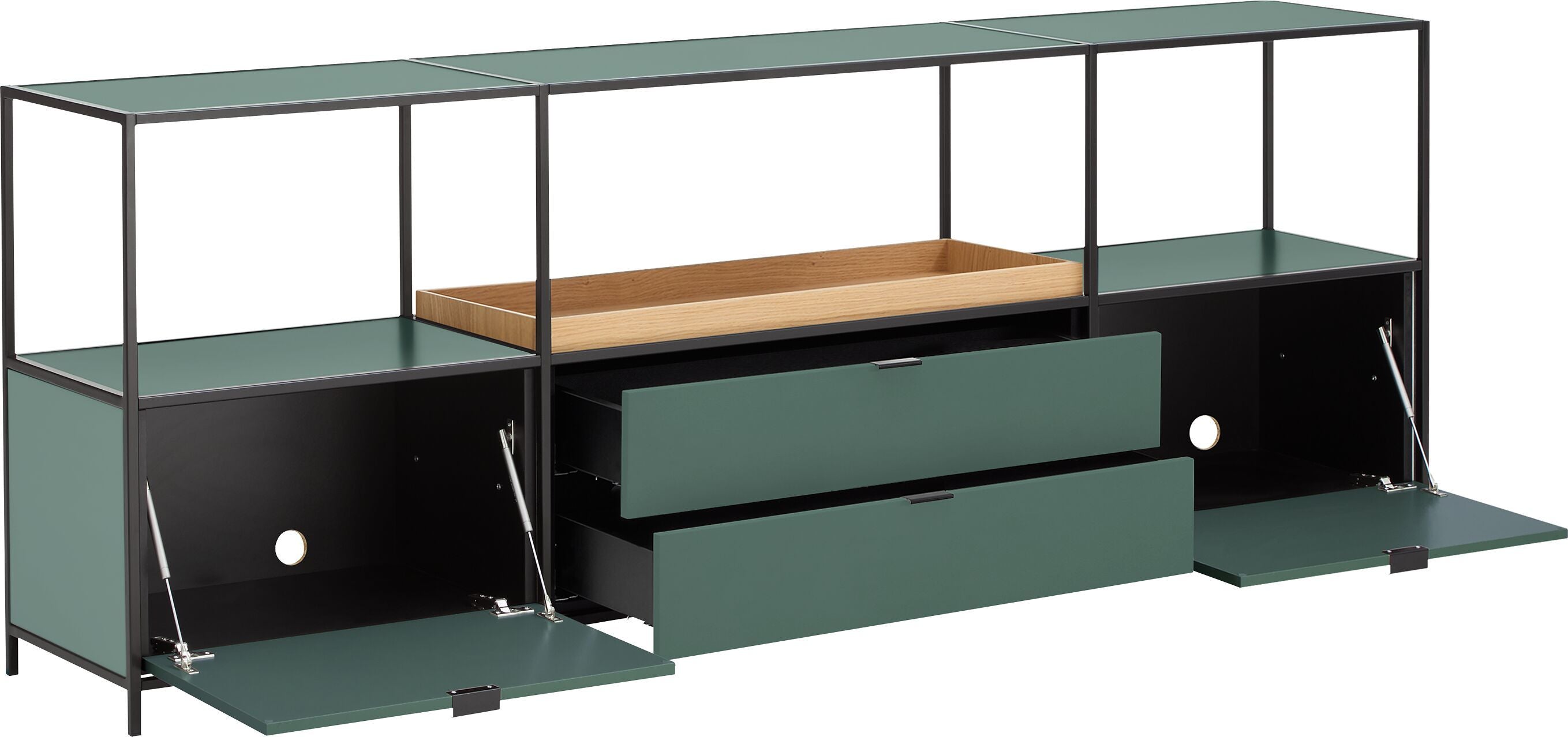 SEVEN Wohns.grün/sz/Eiche217x39x80cm FSC - Grün / B: 217.0 cm x T: 39.0 cm x H: 80.0 cm