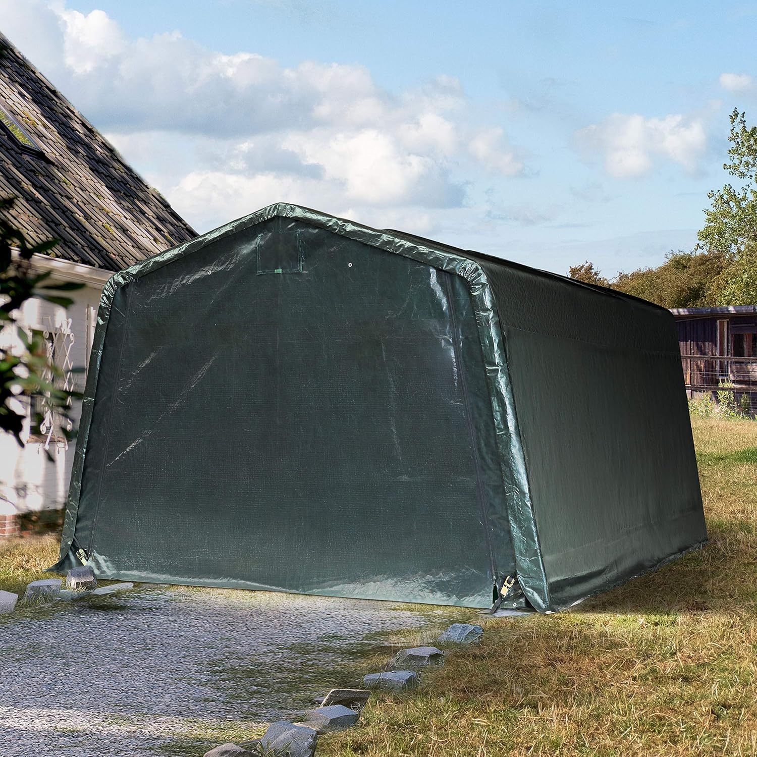 TOOLPORT Garagenzelt Carport 3,3 x 4,7 m Dunkelgrün – Weidezelt & Unterstand – PE-Plane 450 N, robuste Stahlrohrkonstruktion, wetterfester Schutz für Auto, Garten & Maschinen