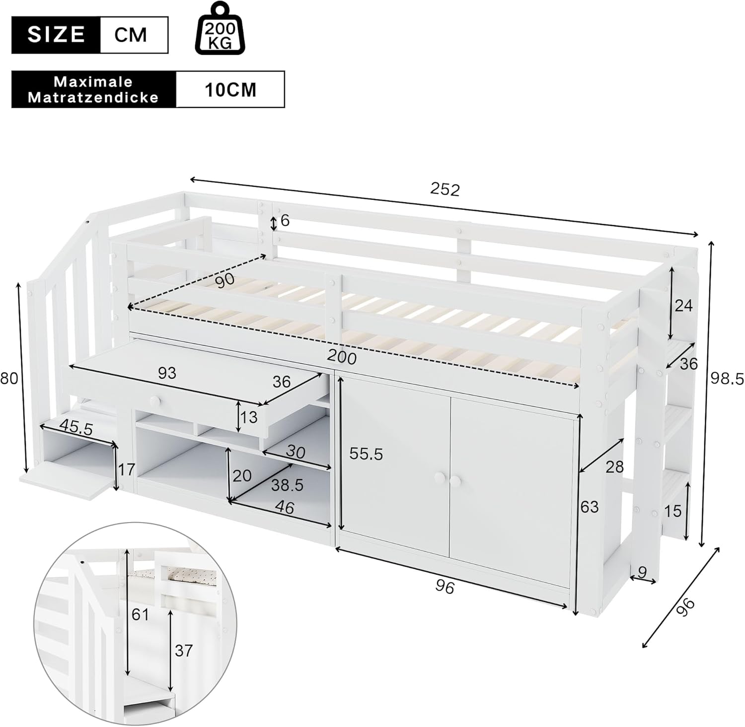 Hochbett 90x200 cm, Kinderbett mit Schrank, Treppe mit Stauraum, Funktionsbett mit Schreibtisch, Etagenbett Stockbett Jugendhochbett, ohne Matratze, Weiß