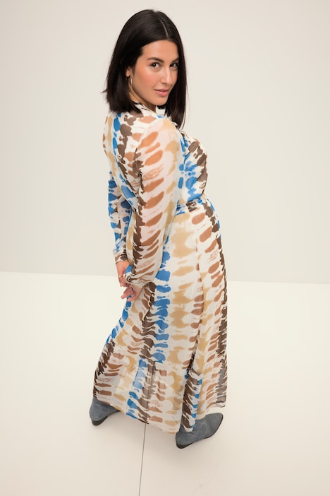Maxikleid, A-Line, Batik Print, V-Ausschnitt, Langarm