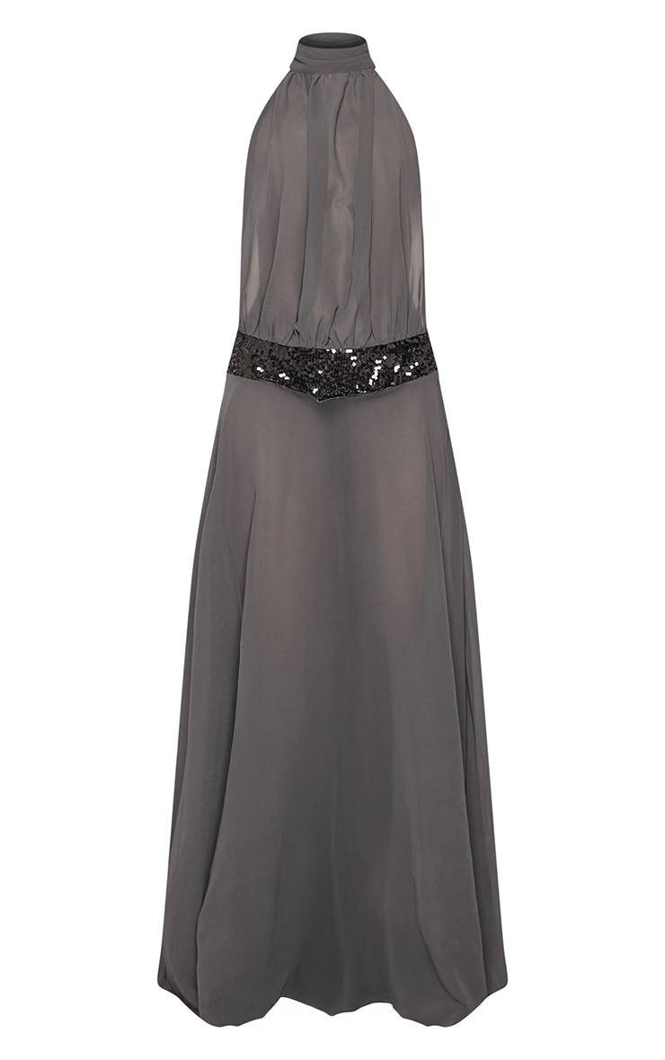 Charbon Robe Longue En Mousseline Col Montant Avec Ceinture À Sequins