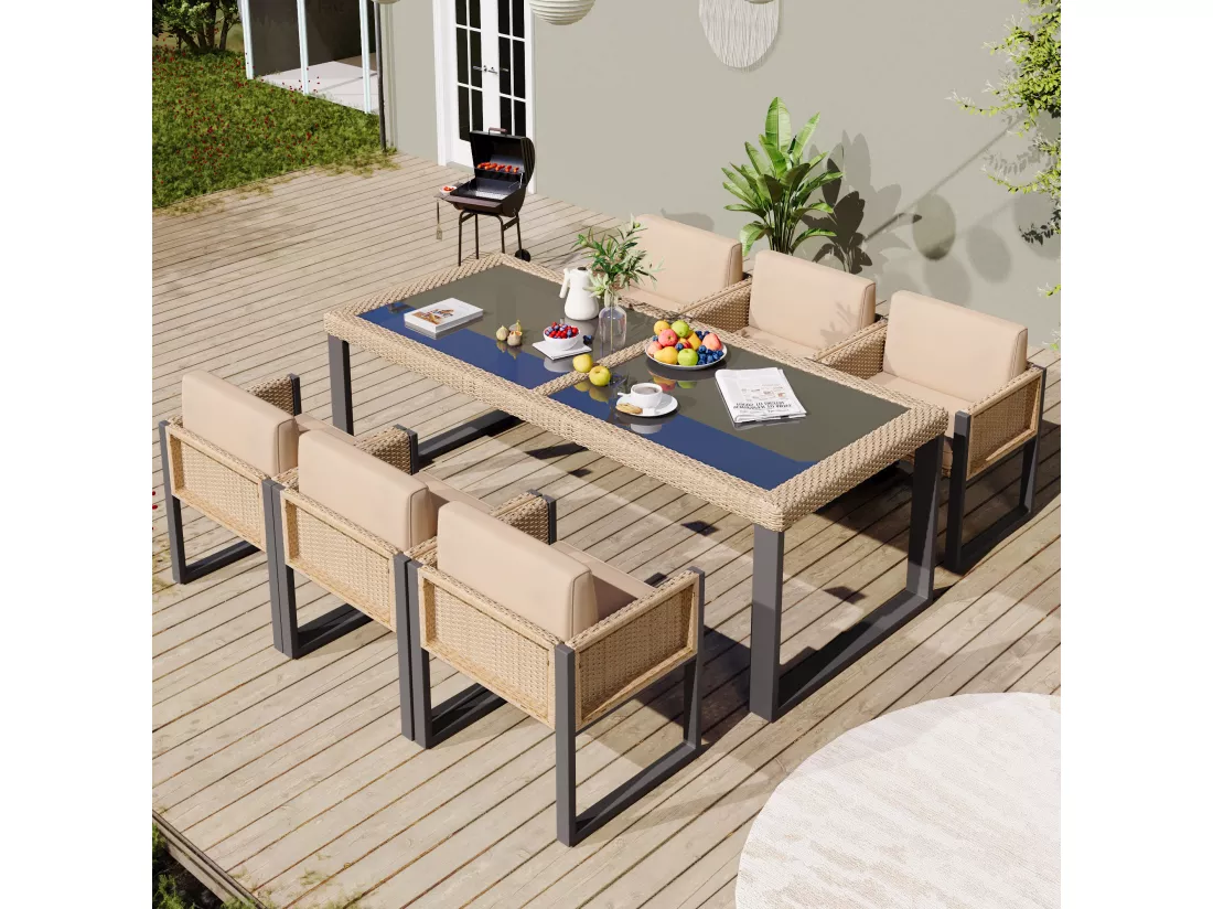 Ensemble de salle à manger de jardin pour 6 personnes - 6 fauteuils - 1 table - structure en fer galvanisé - en tissu amovibles et lavables - Beige