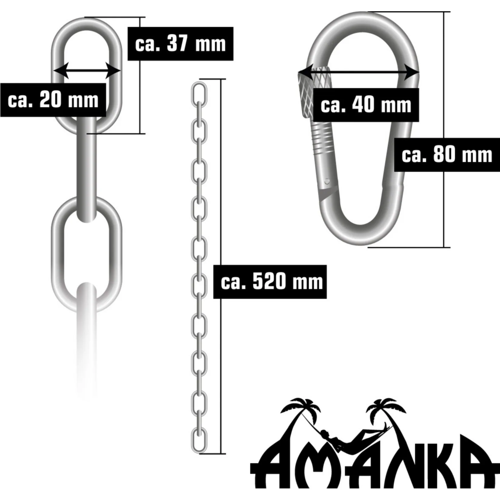 2 x 230kg Hängesessel Kette - 50cm Aufhängung 4 Karabiner - Schaukel Hängematte
