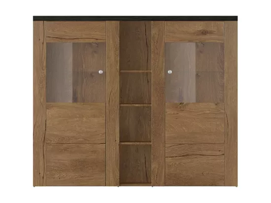 Vaisselier design 2 portes pour salon couleur chêne et noir effet bois. collection SANTIAGO.
