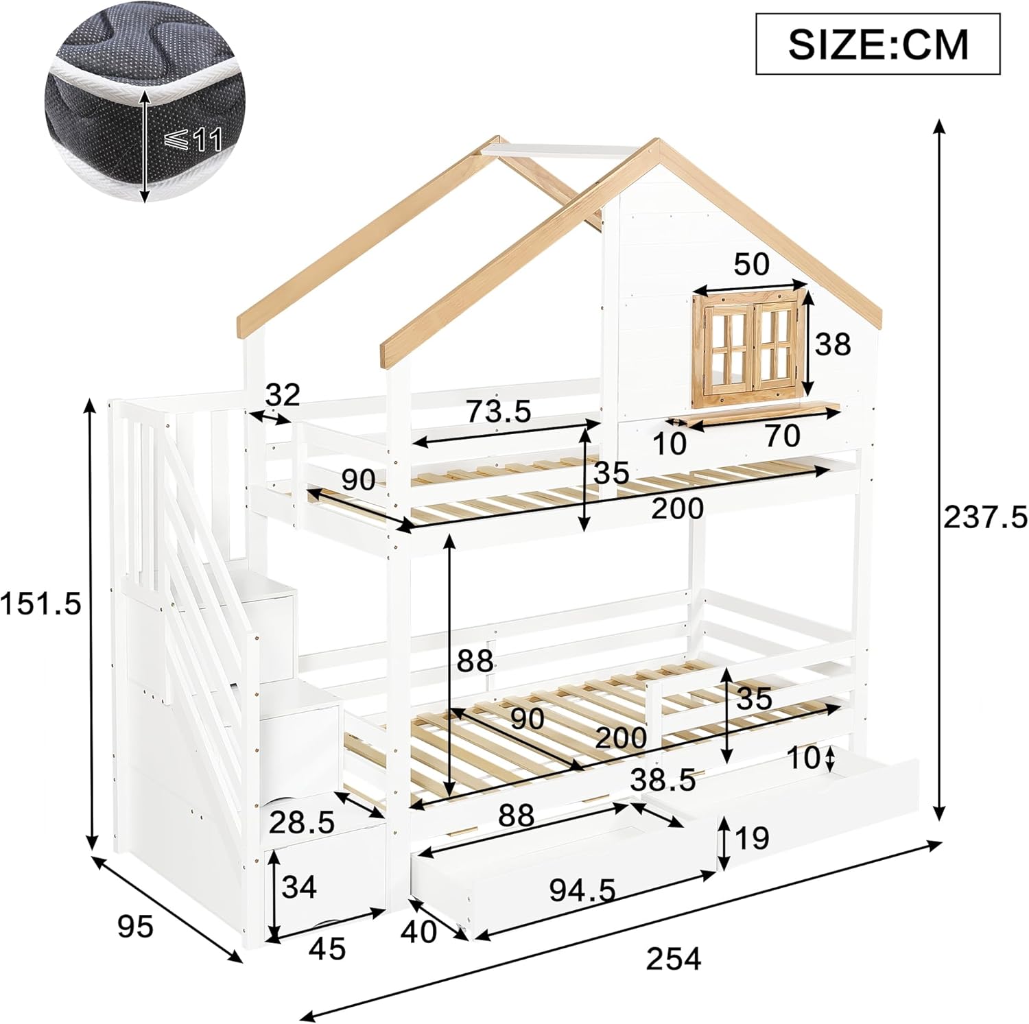 Etagenbett 90x200 cm, Kinderbett mit 2 Schubladen, Holzbett mit Aufbewahrungstreppen, Hausbett mit Dach und Fenster, Multifunktionales Stauraumbett, Weiß + Natur, ohne Matratze