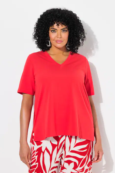 T-Shirt, Materialmix, A-Linie, V-Ausschnitt, Halbarm, neon rot