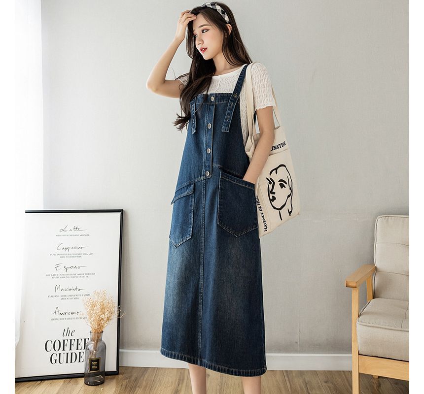 Happo - Gewassen halfknoops midi A-lijn overall denim jurk