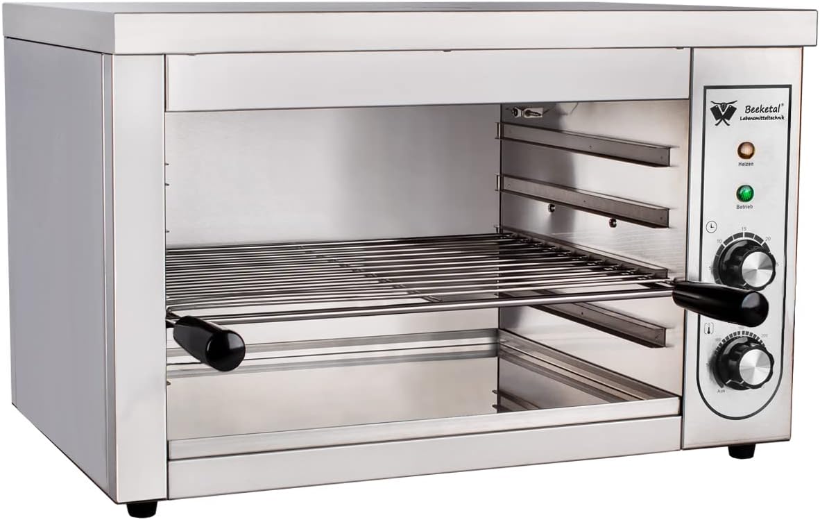 Beeketal 'BSP-2' Profi Gastro Salamander Grill Überbackgerät aus Edelstahl mit 1 Gitter (4 Höhen), 5-30 Minuten Timer, Thermostat 50-300 °C (direkt an der Heizspirale), extra Krümelschublade