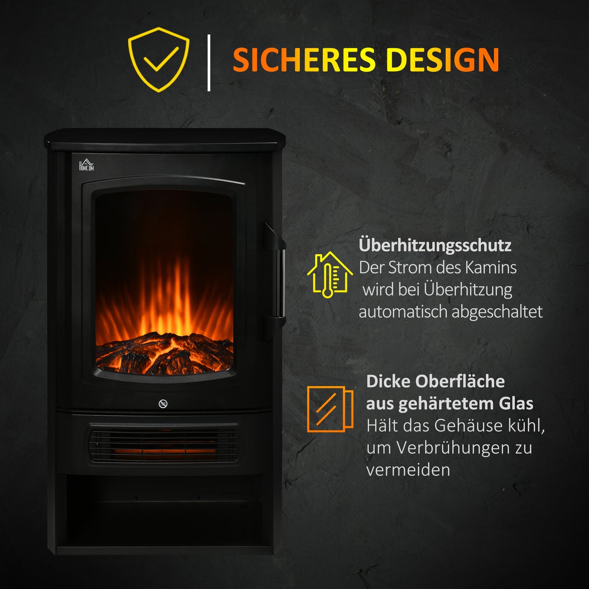 HOMCOM LED elektrische haard met vlameffect, 1000/2000W, 2 warmtestanden, 44,5 x 32 x 74 cm, staal, zwart