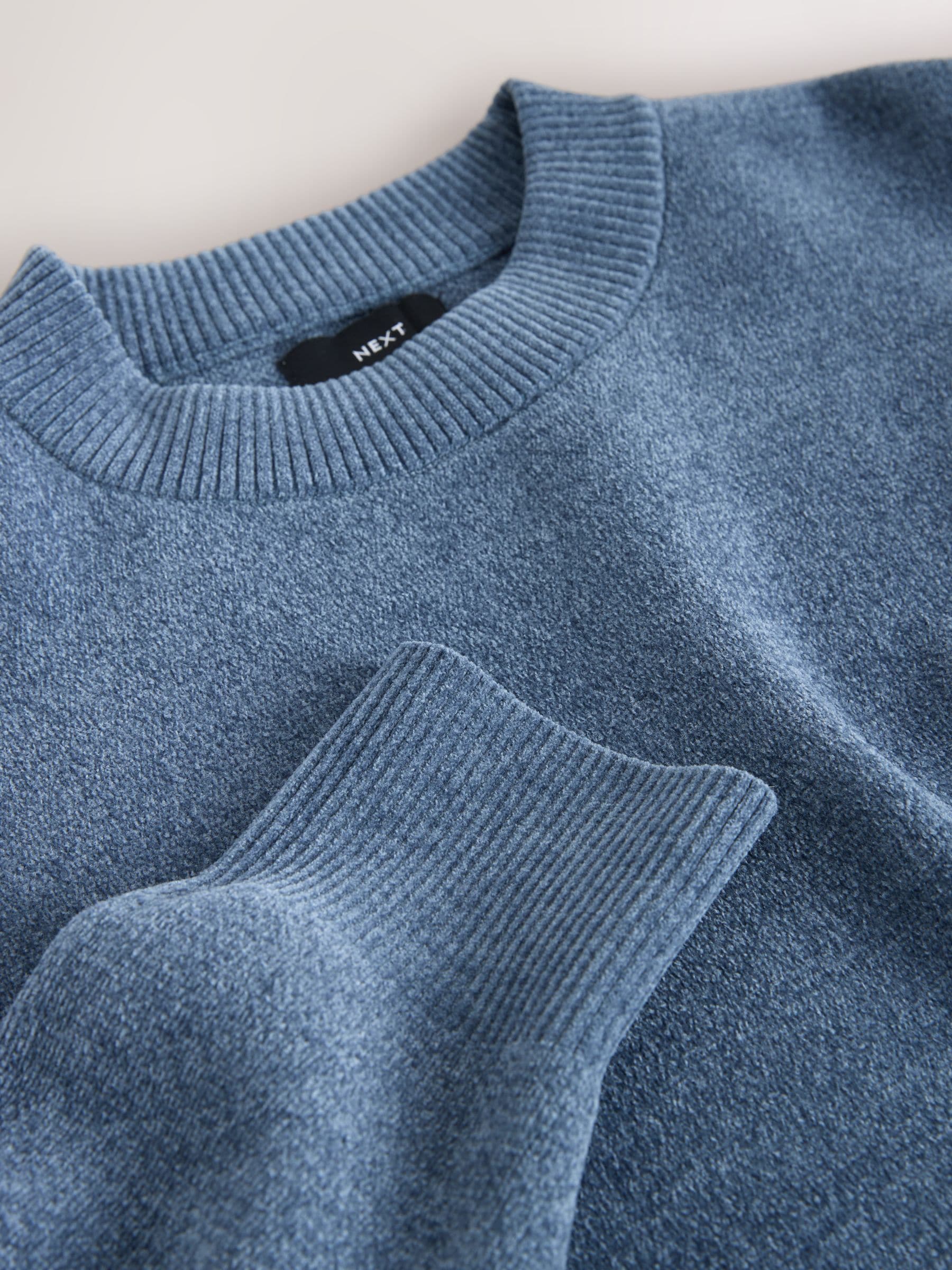 Blauw - Relaxed Fit Plain Chenille Crew Neck Jumper