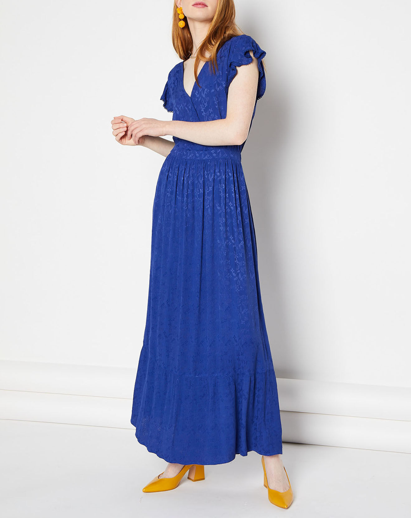 La Petite Etoile Robe longue Yvora broderies ton sur ton bleue