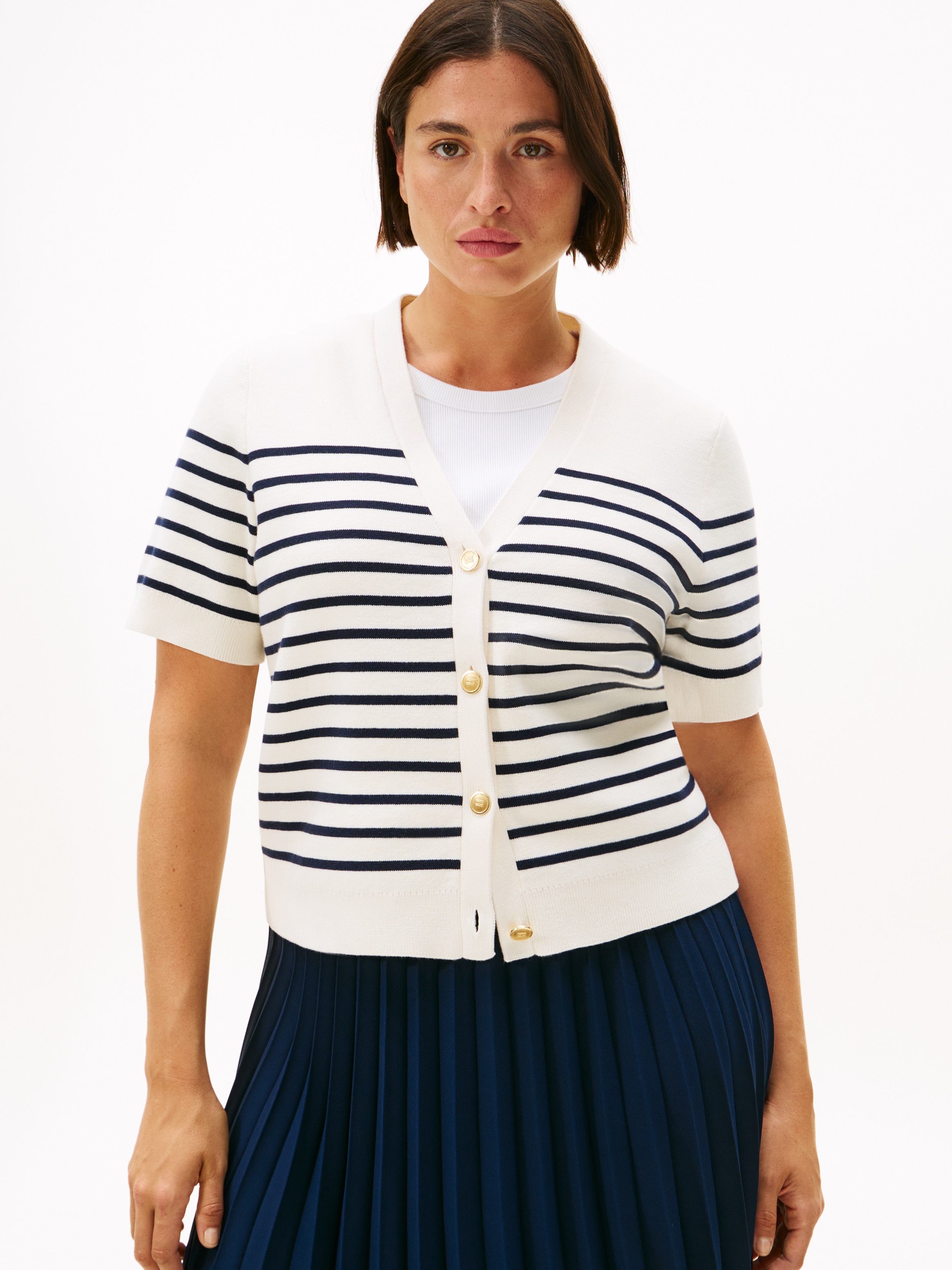 Tommy Hilfiger Curve Strickjacke »CRV CO JRSY MID GG GOLD BTN CRDI«, in grossen Grössen, mit goldfarbenen Knöpfen