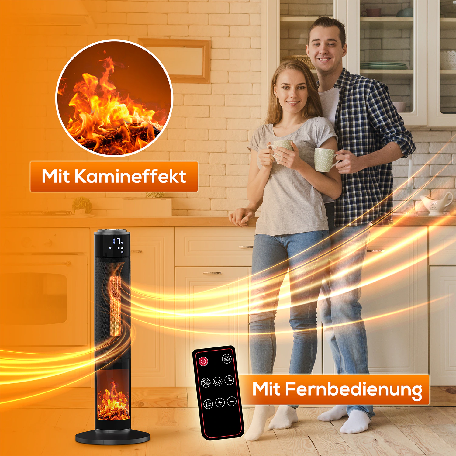 TroniTechnik® PTC Turmheizer Keramikheizer Elektrokamin mit Heizung und Kaminfeuer 2000 Watt Heizlüfter, Oszillation