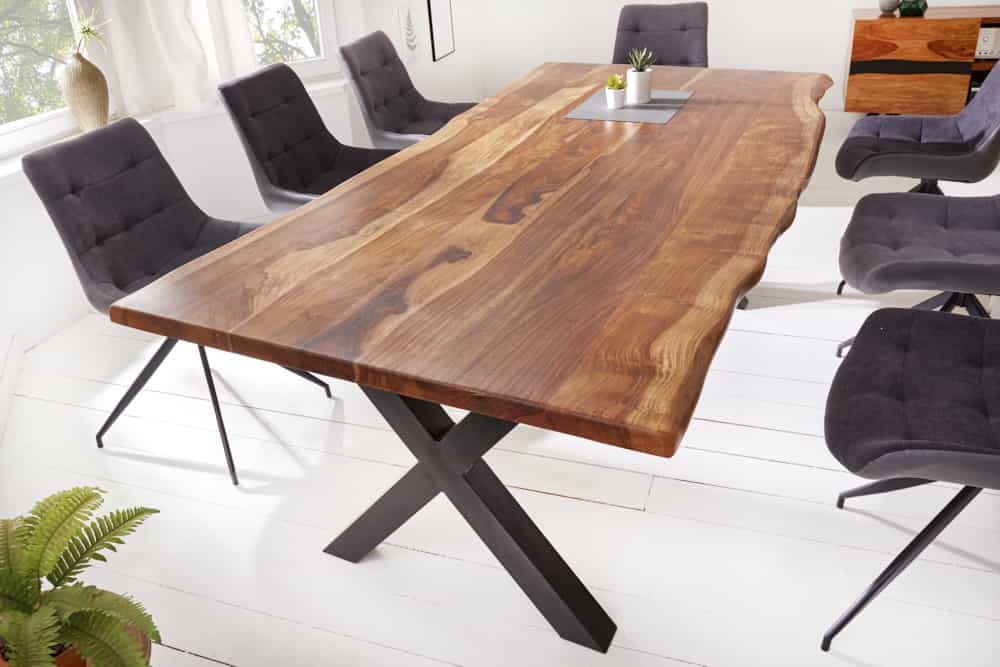 Massivholz Baumkanten Esstisch AMAZONAS 200cm braun Sheesham schwarzes Metallgestell