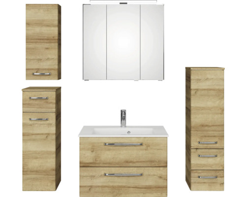 Pelipal Kumba badkamermeubelset (B x H x D): 137 x 200 x 50 cm, frontkleur: Riviera eiken, 5-delige set inclusief witte gegoten mineraalwastafel, halfhoge kast, onderkast en bovenkast (99.770126473)