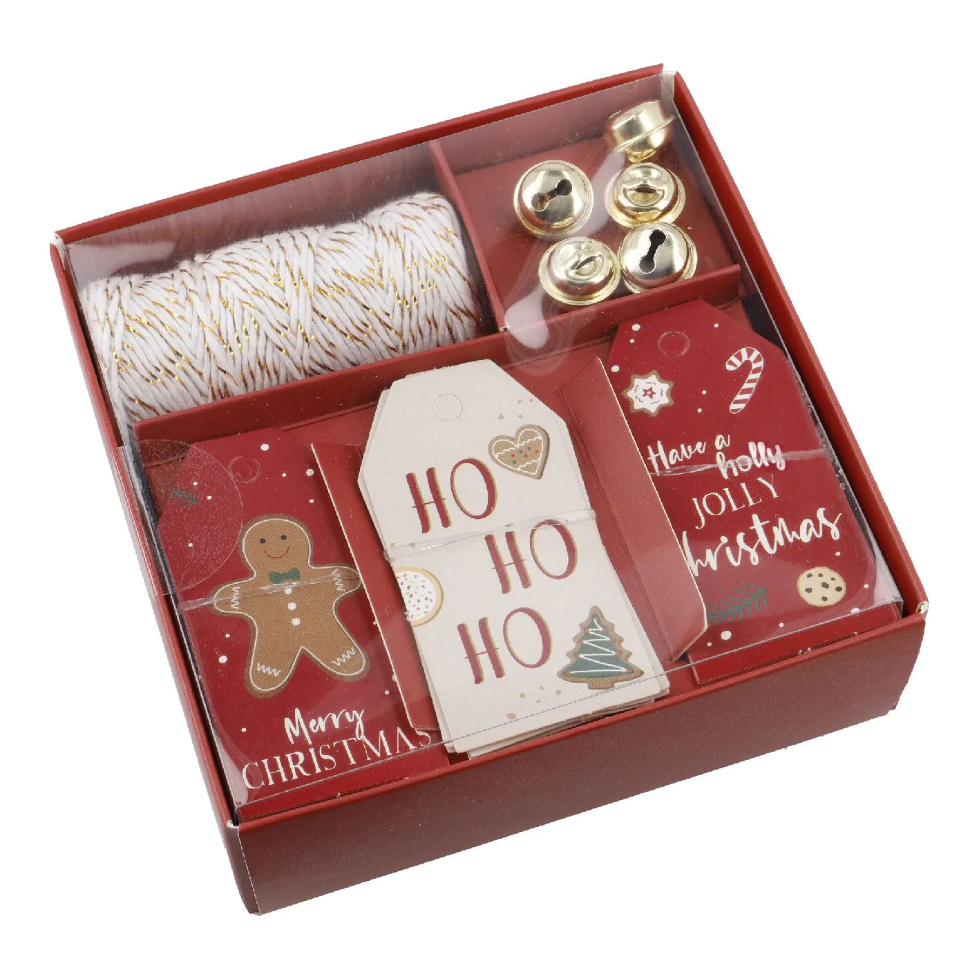Geschenke-Set, weiß-gold/rot, Kordel/Anhänger/Glocke