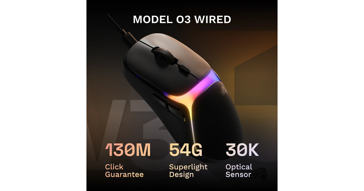 GloriousModel O 3 Wired gaming muis  (Zwart (mat), Tot 30.000 dpi, RGB)