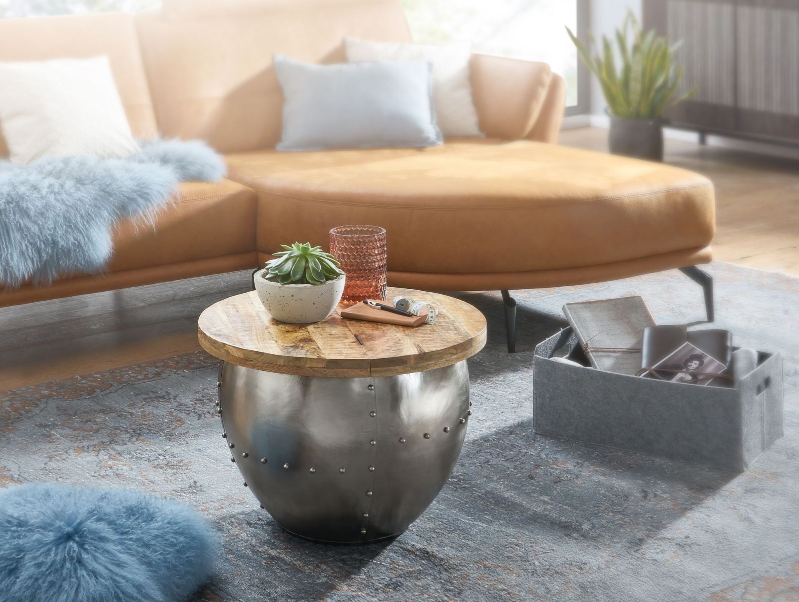 Couchtisch - silber-holzfarben - Mango Massivholz - Ø 60 cm