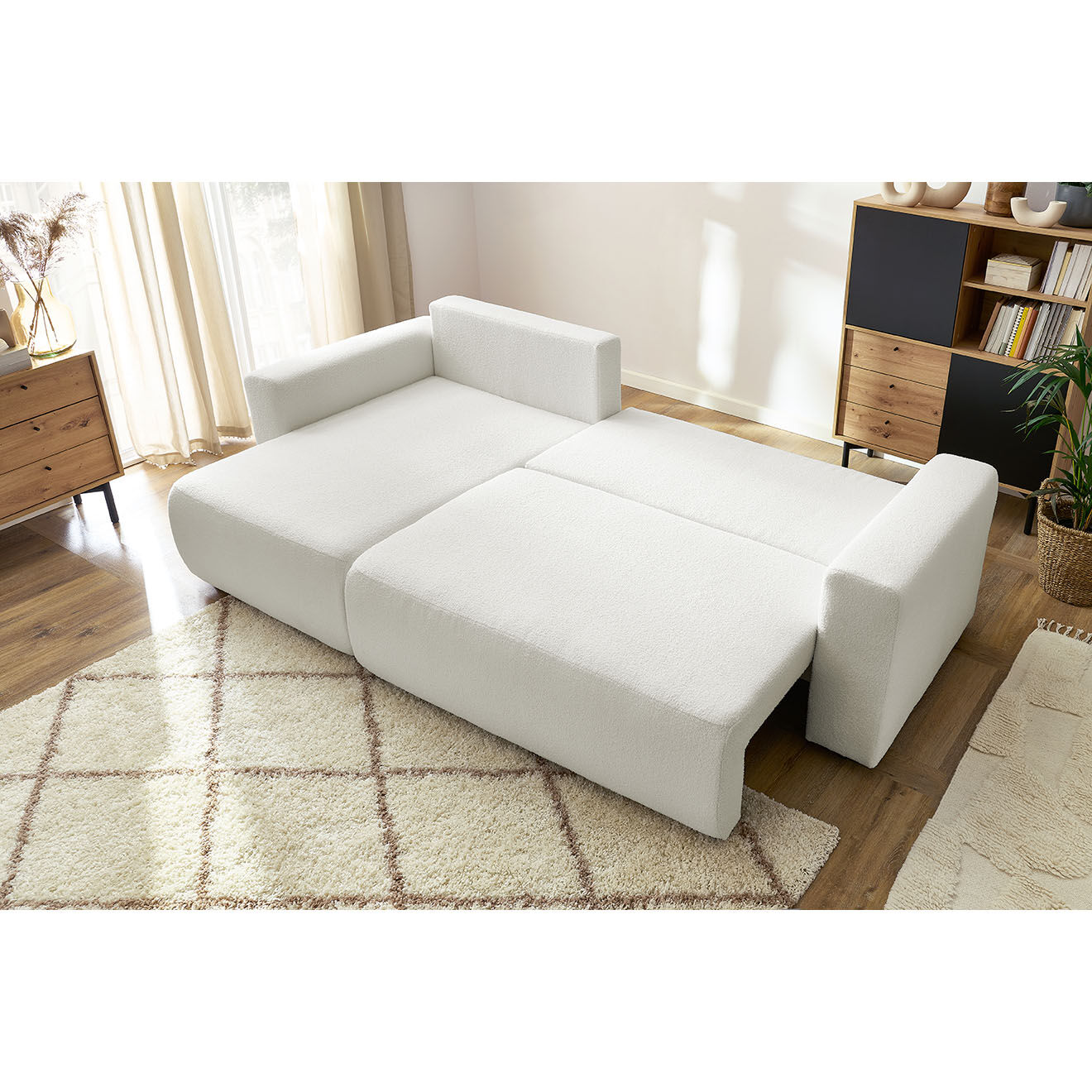 Bobochic Canapé d'angle convertible reversible bouclette Envy blanc - 282x153x95 cm