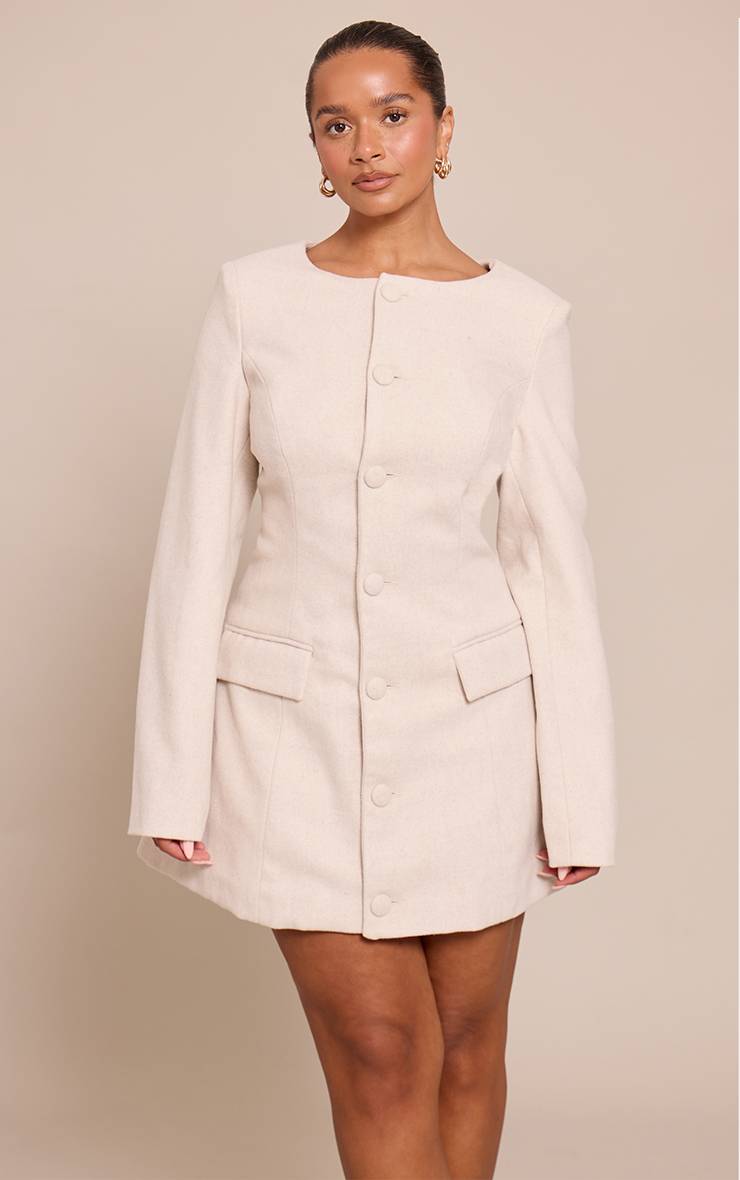 Crème Robe Blazer Cintrée Aspect Laine Boutonnée Devant