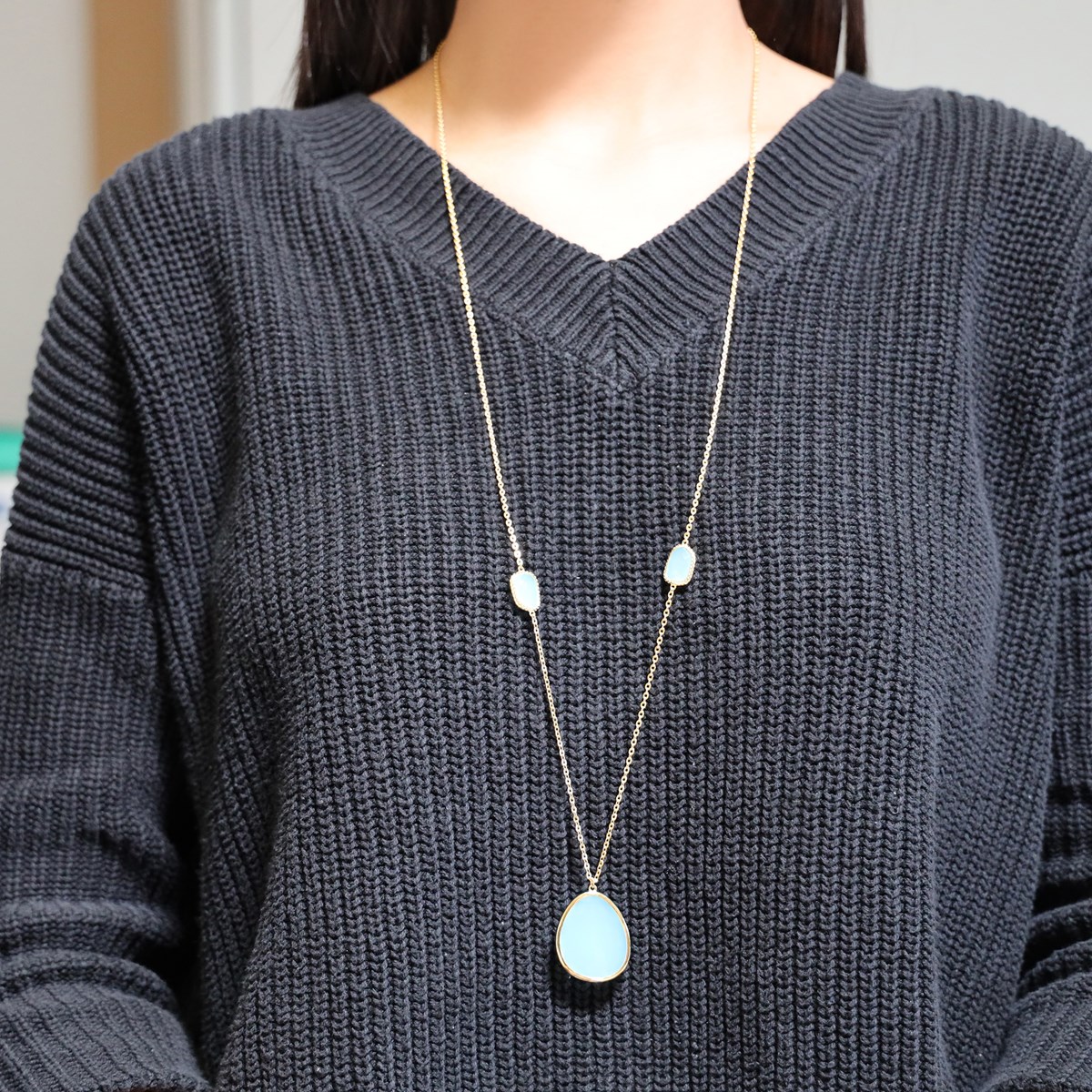 Collier Sautoir Argent Doré Galet Cristal Vert Eau