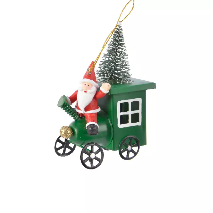 Père Noël à suspendre (H11 cm) En voiture Vert