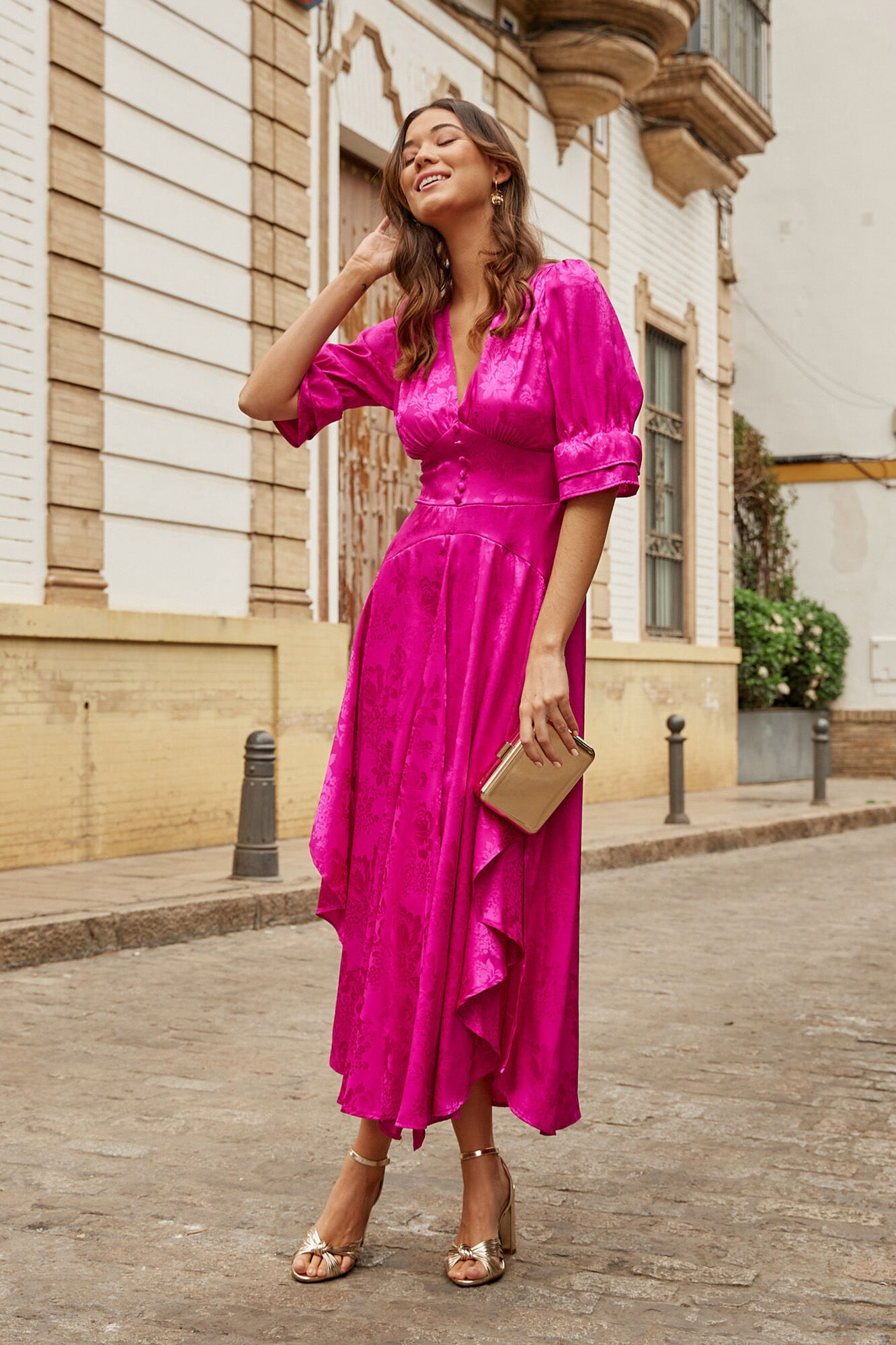 Vestido longo com estampa de buganvílias - Roxo