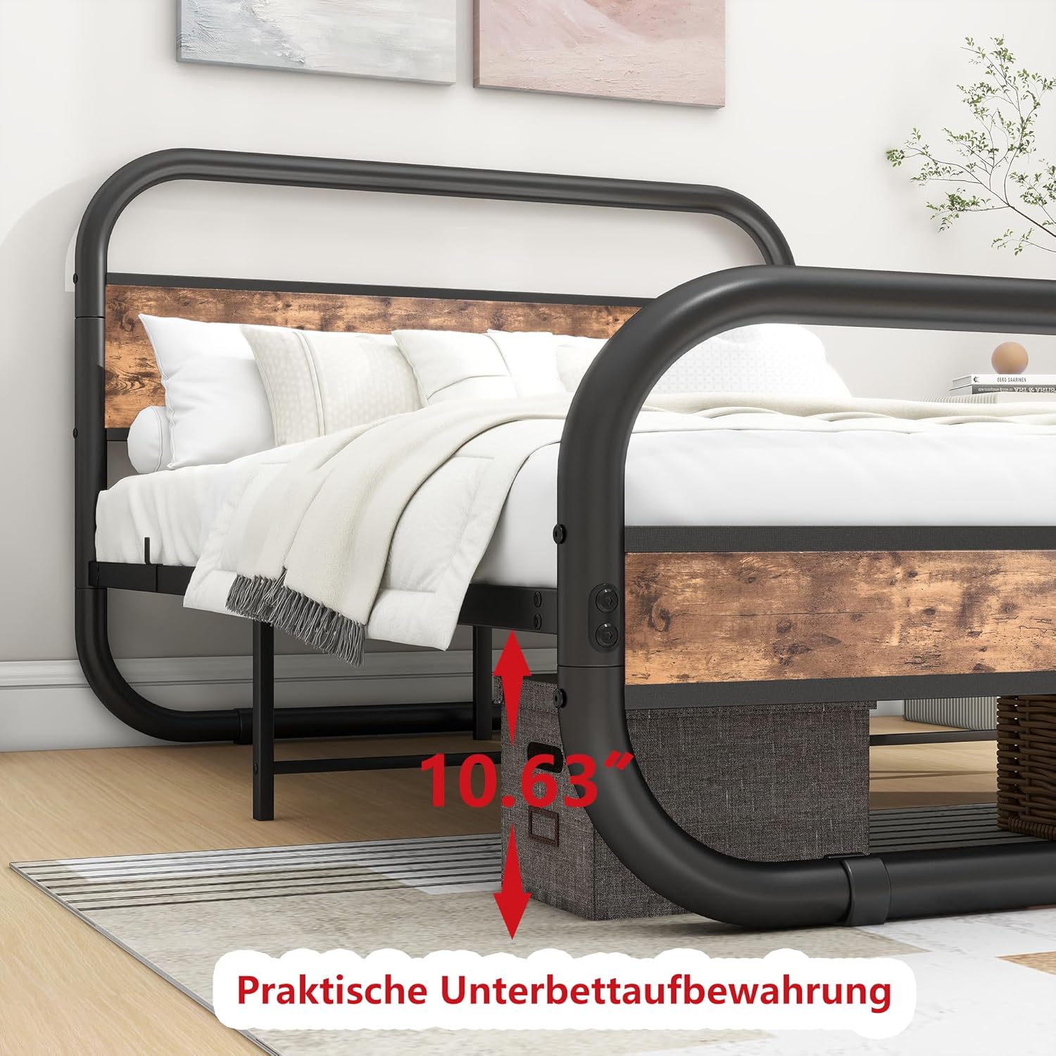Bettrahmen Holz Doppelbett Gästebett Metallbett 120x200 Bettgestell aus Metall,Jugendbett mit Lattenrost Kopfteil,für Schlafzimmer Gästezimmer | Braun