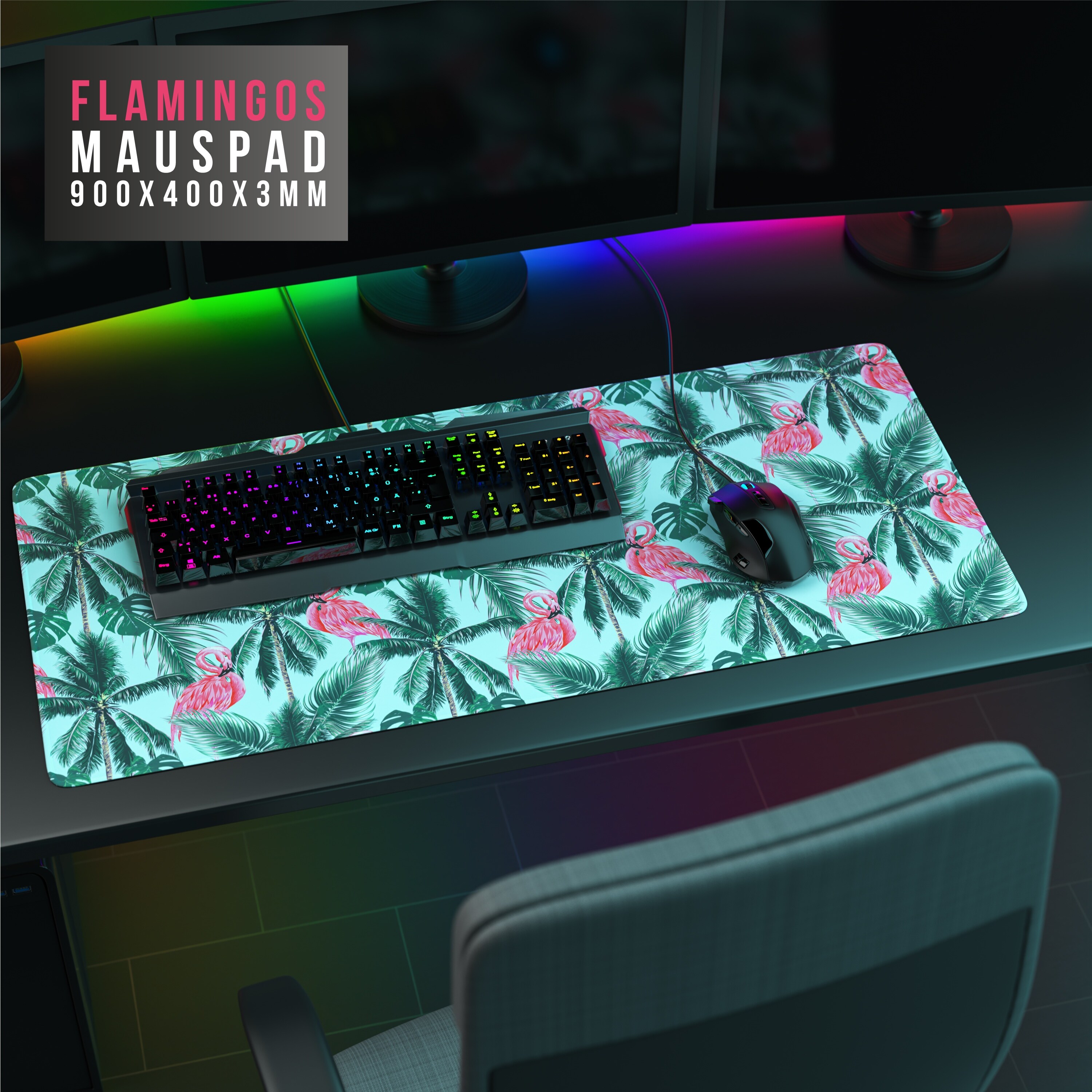 CSL Gaming Mauspad, XXL, 900 x 400 x 3 mm, Schreibtischunterlage, extralarge, waschbar, Flamingos