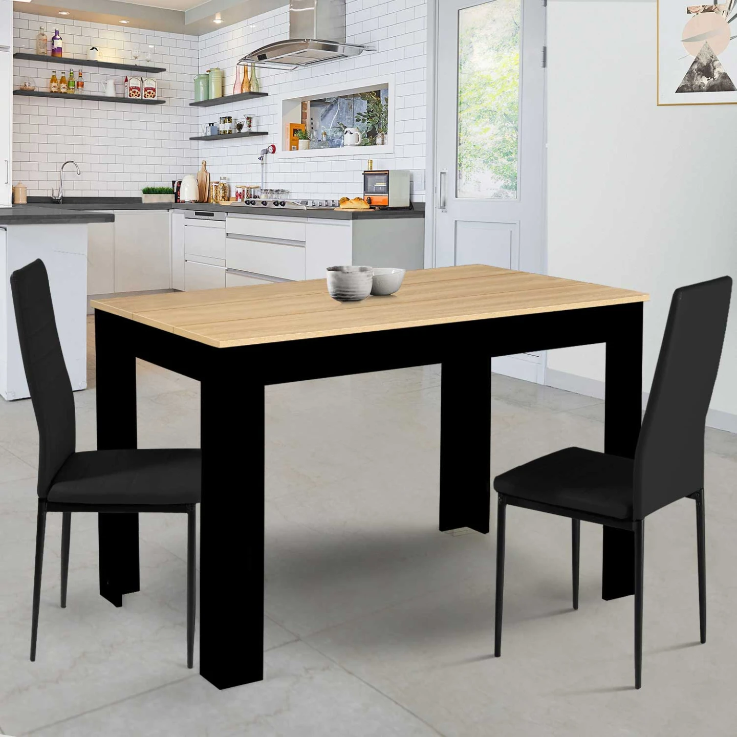 Table à manger rectangle ROZY 6 personnes noire plateau façon hêtre 110 cm