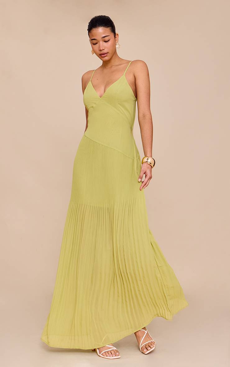 Lime Green Robe Longue À Bretelles Spaghetti Avec Détail D'ourlet Plissé En Tissu Tissé