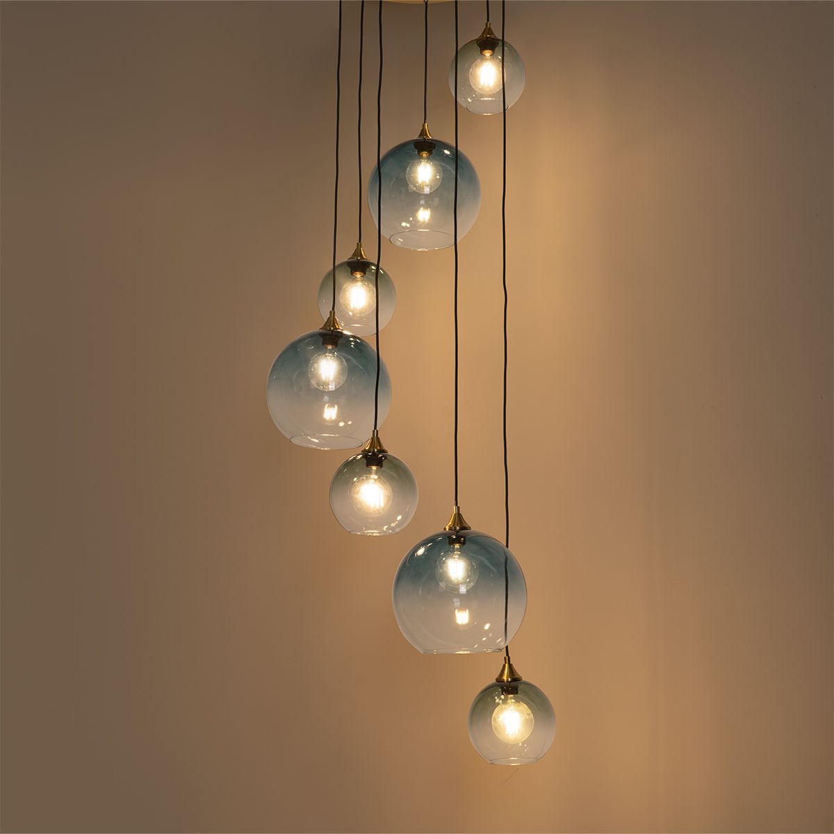 Art Deco Hanglamp messing met blauw glas rond 7-lichts - Sandra