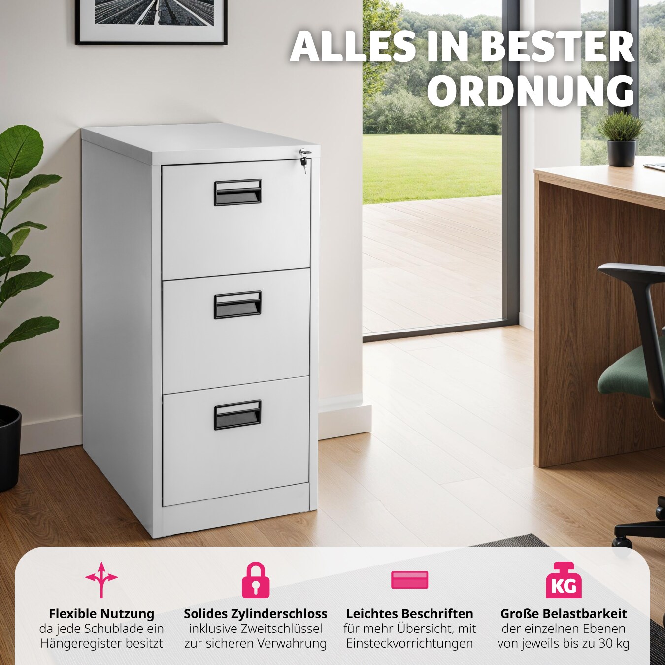 tectake® Aktenschrank, aus pulverbeschichtetem Stahl, Etiketten zur Beschriftung, 62,4 x 46 x 102,8 cm