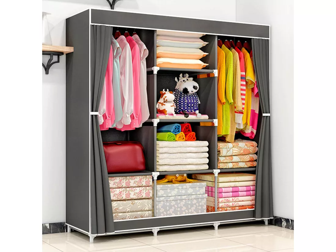 Armoire Triple Tissu avec Rideaux Coulissants Blanc/Gris 118x45x169cm Thinia Home