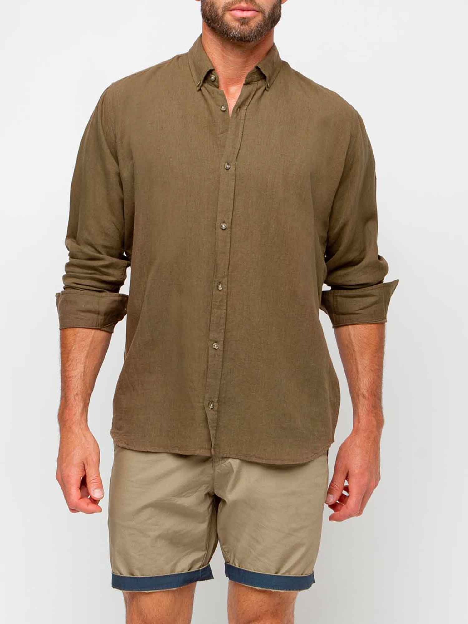 Chemise Homme Coton et Lin Kaki
