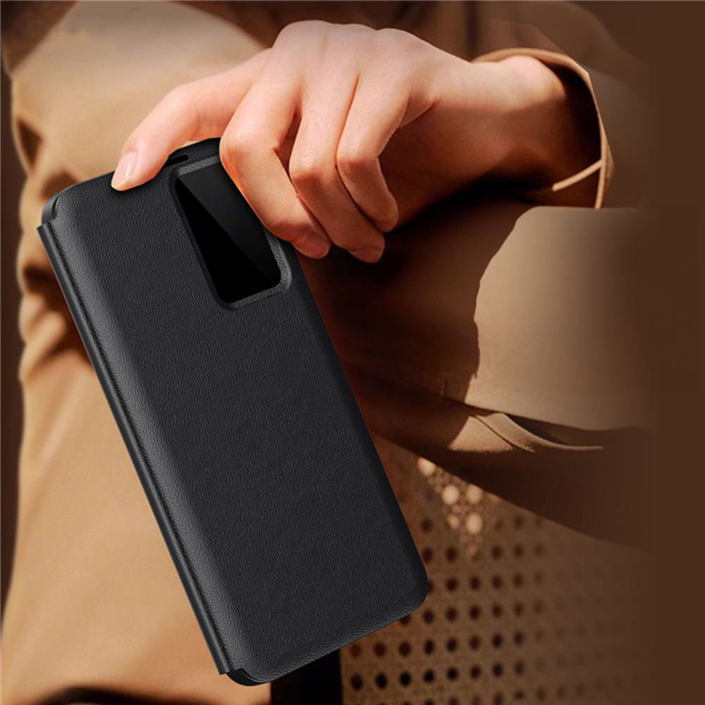 Samsung Galaxy S22 5G Leder Hülle Small Window View Flip Case Litchi Look - Schwarz