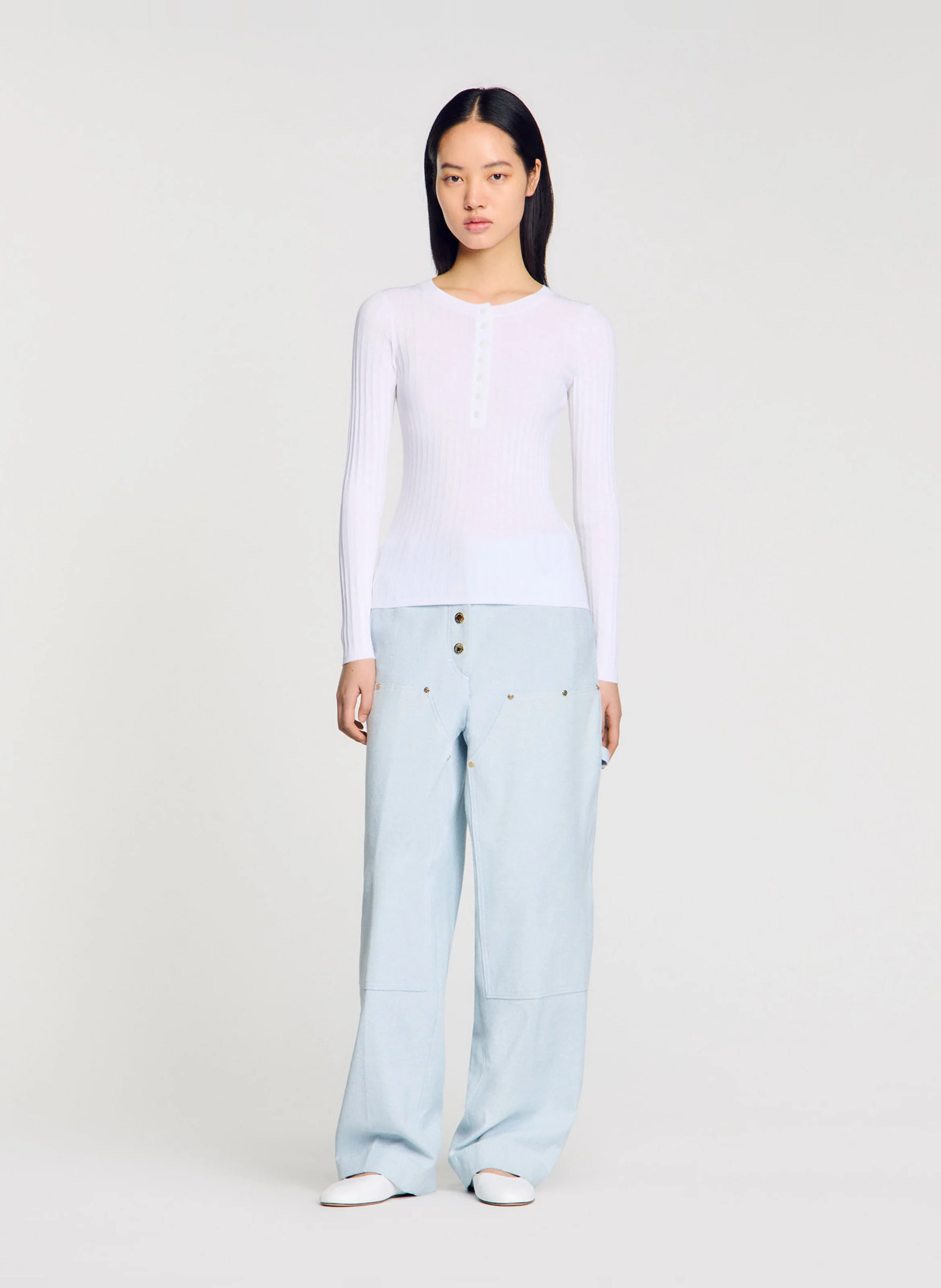 Pull moulant col rond en coton mélangé | Blanc