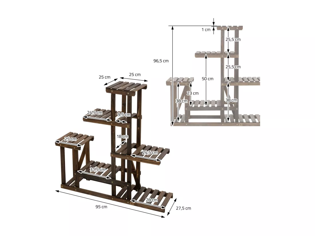 Étagère à fleurs en bois brun carbonisé meuble 6 niveaux support pot pour salon