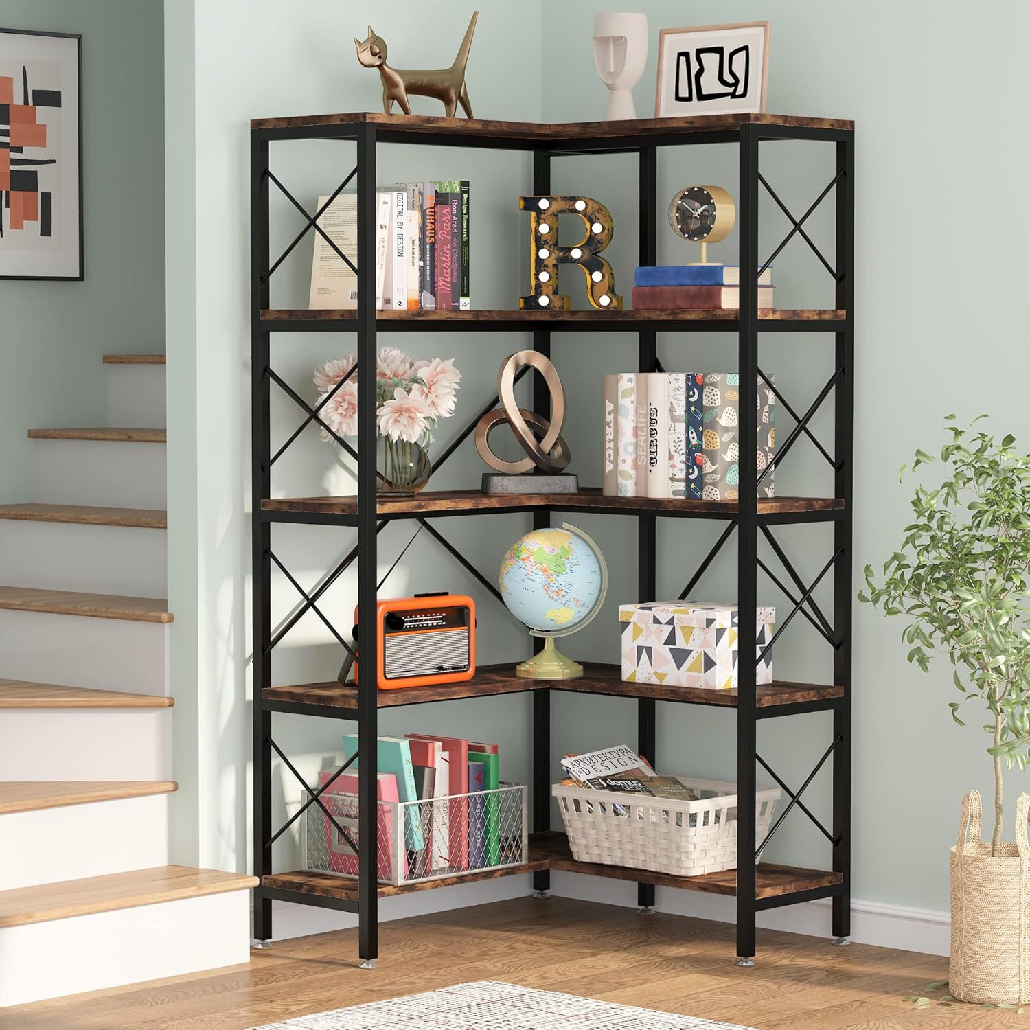 Tribesigns 5 Regal Eck-Bücherregal, großes modernes Eck-Bücherregal, 5-stöckiges hohes Eckregal, Aufbewahrungsregal mit Metallrahmen für Wohnzimmer, Heimbüro (Braun)