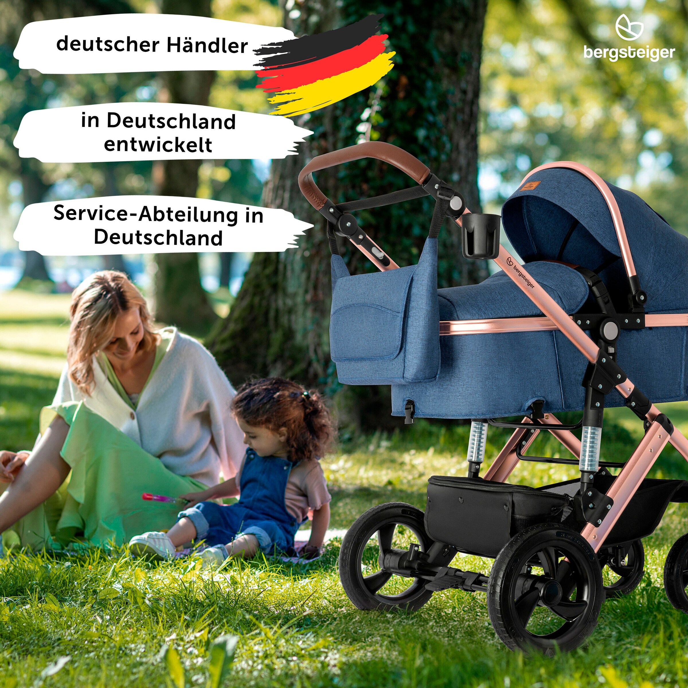 Bergsteiger Kinderwagen Nizza blue | Gestell: rose golden