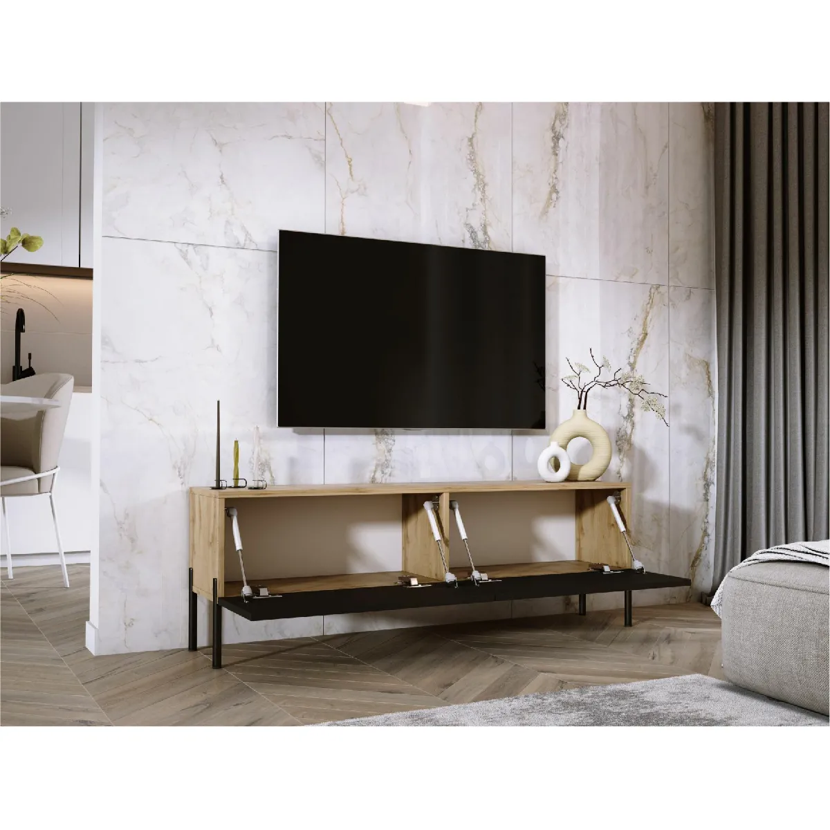 3xeliving Meuble TV - Chêne Wotan/Noir Mat 140 cm