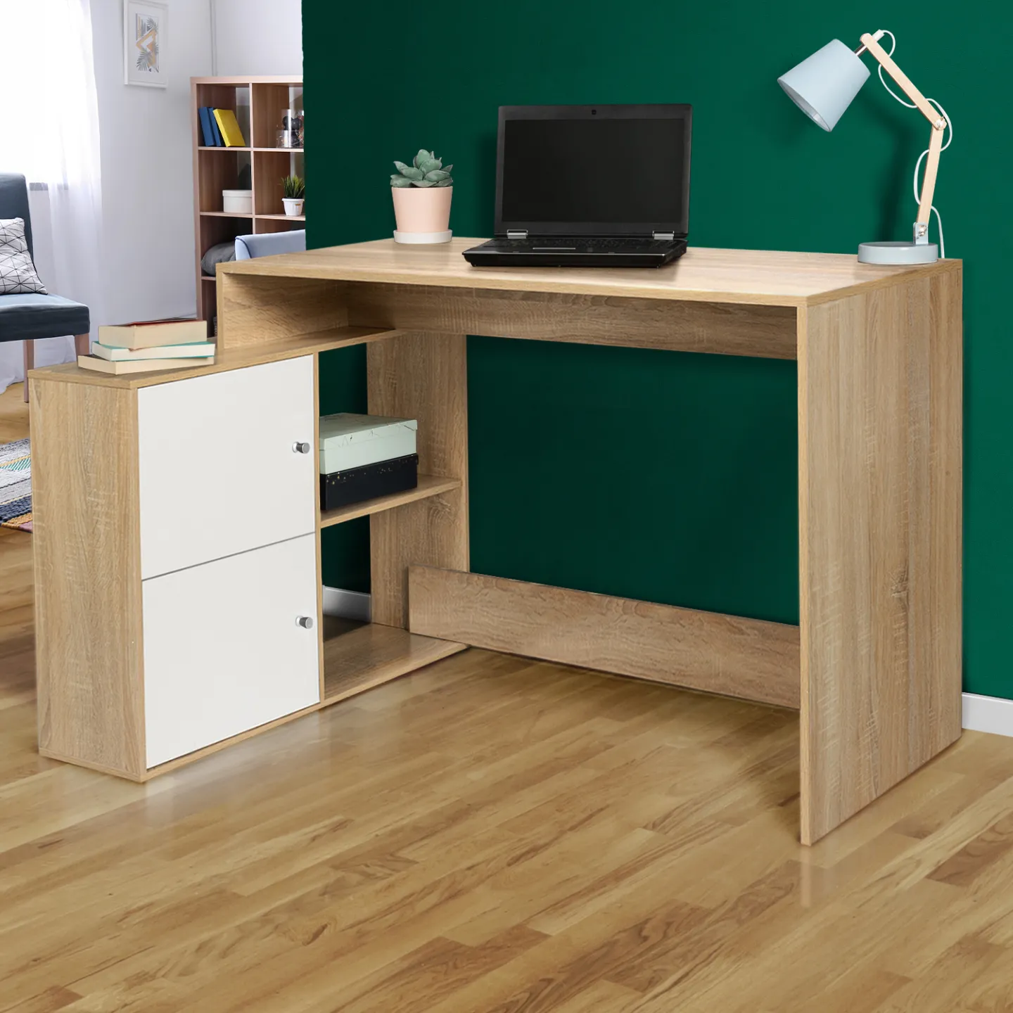 Bureau d'angle en forme de L BOB avec portes façon hêtre et blanc