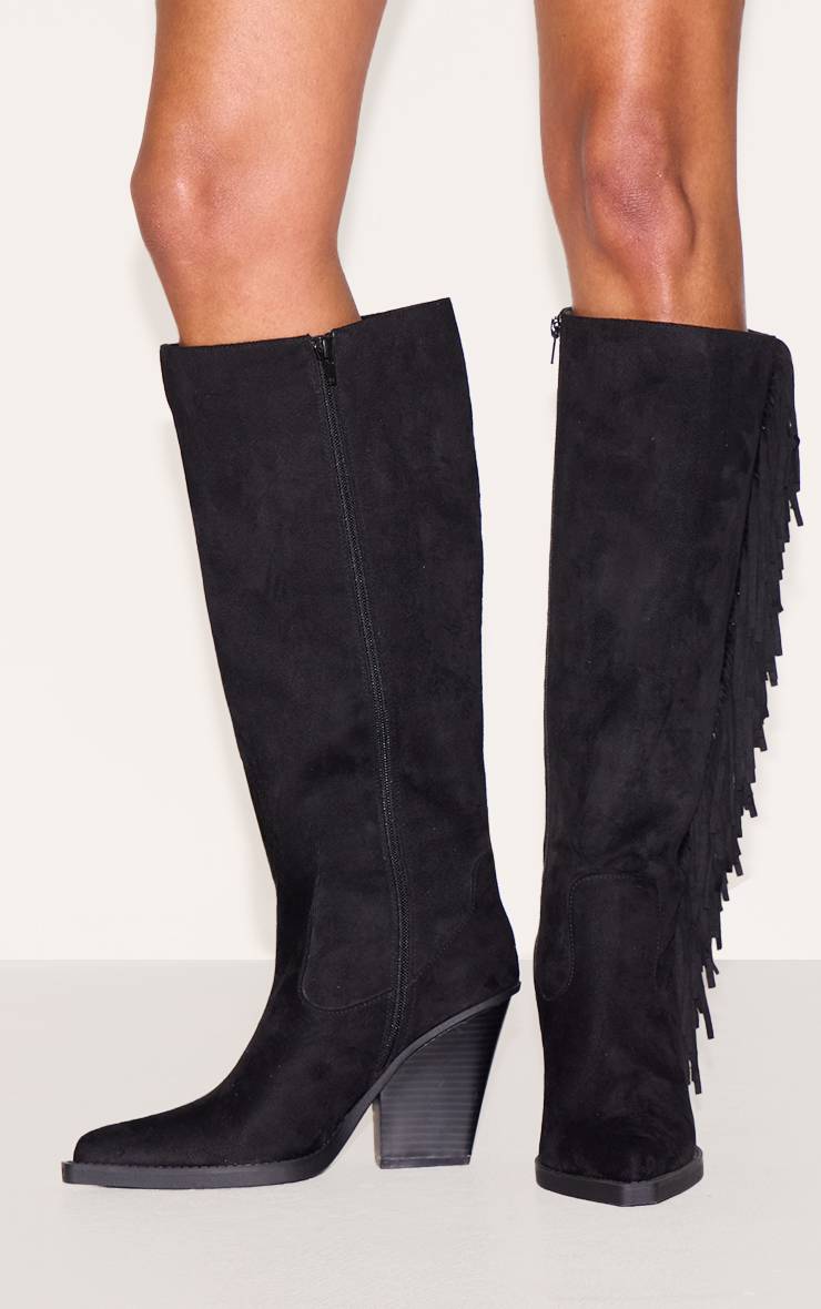 Noir Bottes Hautes À Talon Bloc En Synthétique À Bout Pointu Avec Franges